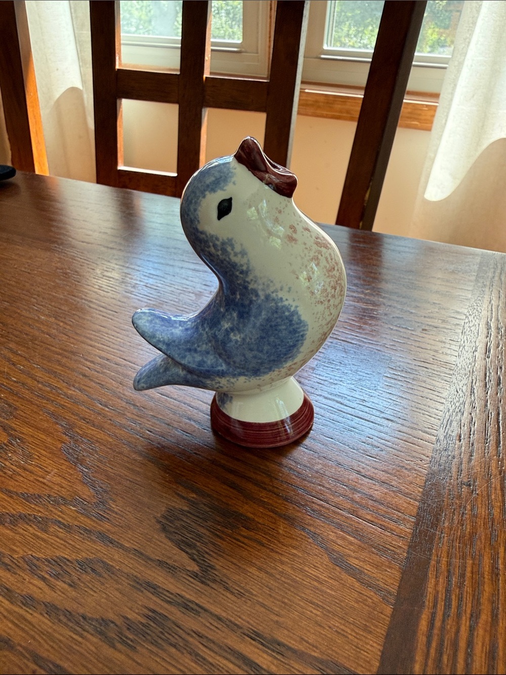 Ceramic Blue and White Pie Bird with Red Base